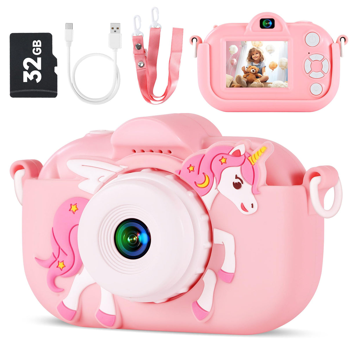 Kids Camera Toys for Ages 3 4 5 6 7 8 9 Girls, 48MP Dual Lens Toddler Digital Camera Christmas Birthday Gift, Kids Selfie Camera with 32G SD Card, Silicone Cover