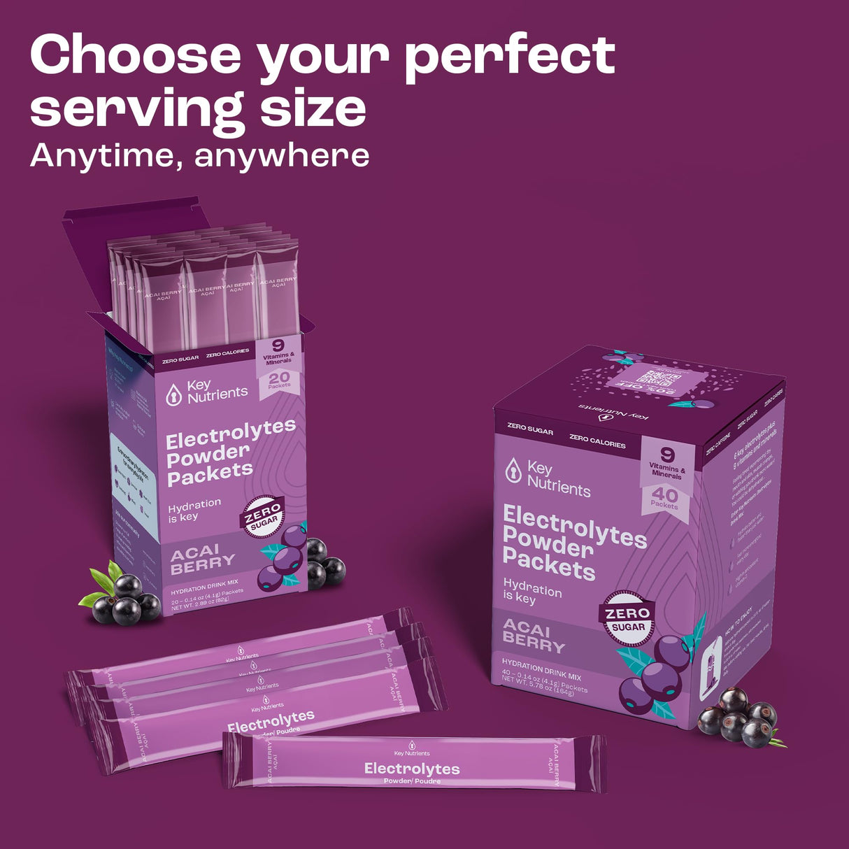 KEY NUTRIENTS Multivitamin Electrolytes Powder Packets - Delicious Acai Berry 20 Pack Hydration Packets - Travel Hydration Powder - No Sugar, No Calories, Gluten Free - Made in USA