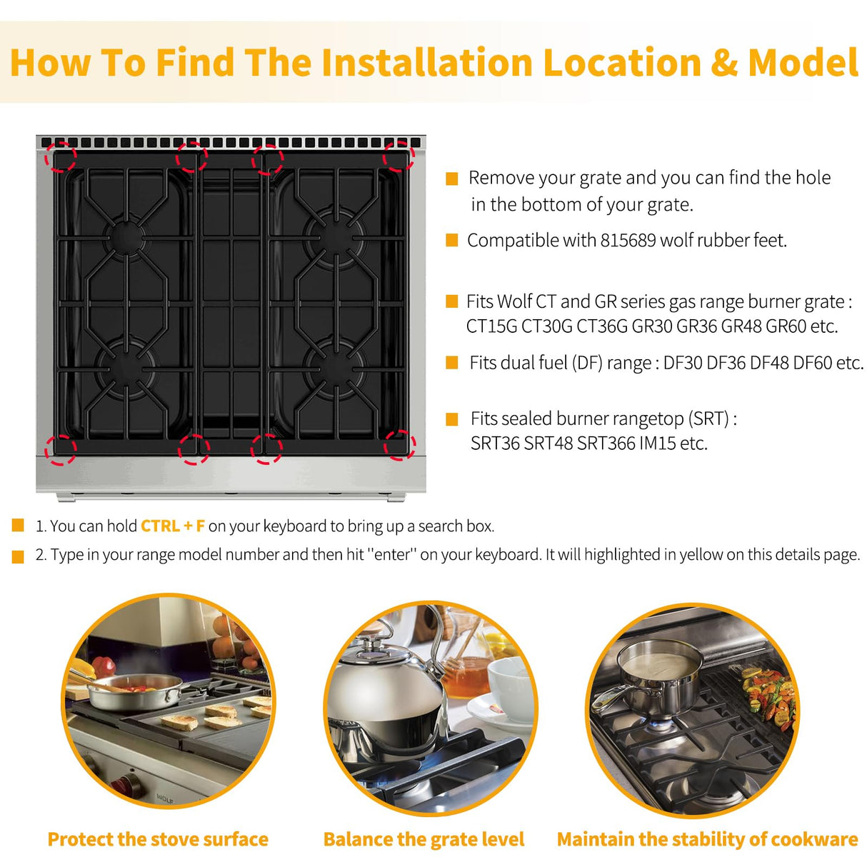 Allstare 815689 Grate Rubber Feet for Wolf CT Gas Cooktop, GR Series Gas Range Burner Grate Pad Range Parts Wolf Gas Cooktop Burner Grate Feet Bumpers Also Fit Other Brand Stove 12 Pack