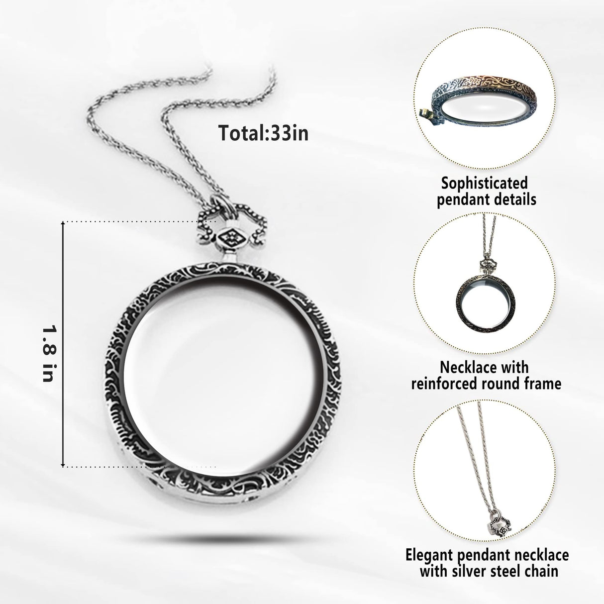 YYHSND 10X Magnifying Glass Necklace Magnifier Necklace Pendant Optical Magnifier with Chain Necklace for Library, Reading, Zooming and Jewelry (Color : Silver)