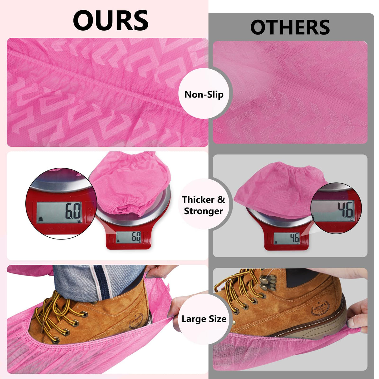 squish Shoe Covers Disposable Non Slip, 100 Pack(50 pairs) Pink Thick Extra Disposable Boot Covers Slip Proof Shoe Cover for Indoors Outdoors Durable Protector Covers Fits Virtually Most Shoes