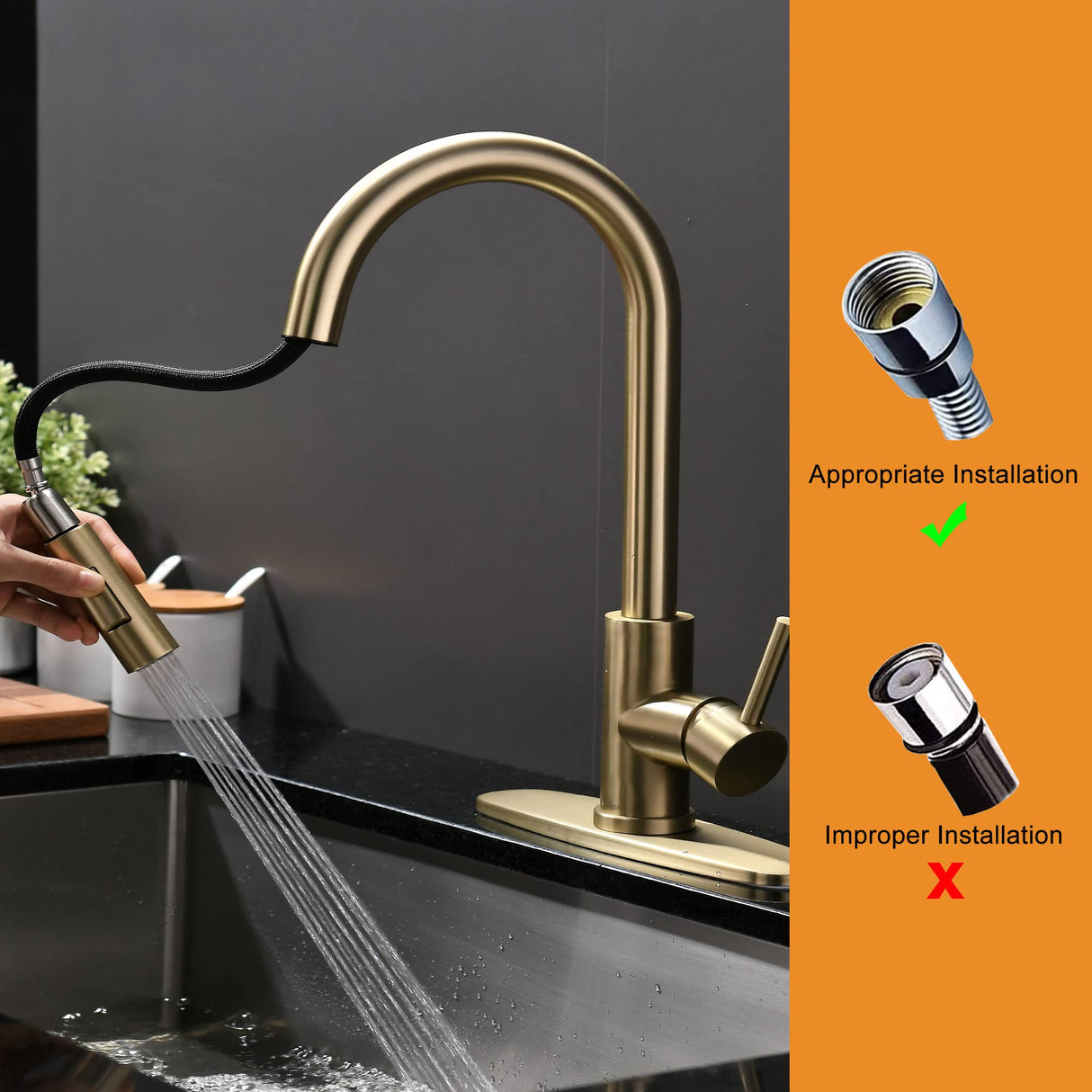 Tohlar Pull Down Kitchen Faucet Sprayer Head Replacement Part, 3 Function Pull Out Sink Sprayer Replacement Nozzle, Kitchen Faucet Head Hose Spray Tap Spout, Brushed Gold