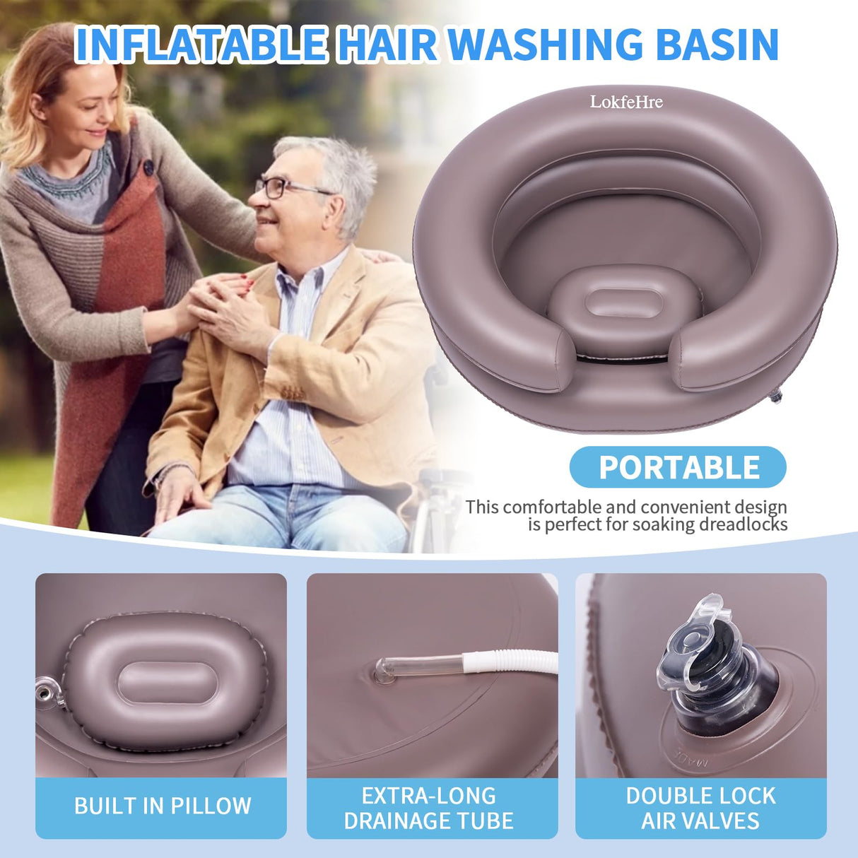 LOKFEHRE Large Portable Inflatable Hair Washing Basin for Bedridden - Wash Hair in Bed with Inflatable Shampoo Bowl.Hair Washing Basin for Elderly,Disabled,Injured,Ideal Inflatable Sink for Locs Detox