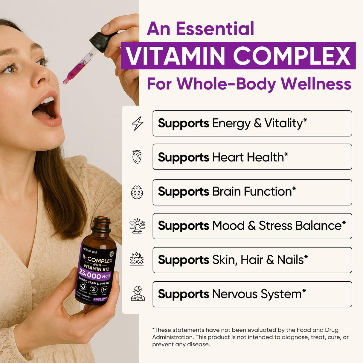 Venture Pal Vitamin B Complex Liquid Drops, B12 Methylcobalamin | B9 Folic | B1,B2,B3,B5,B6,B16 - Vitamin C, Choline, Inositol, Immune & Energy Metabolism, Brain & Heart Support
