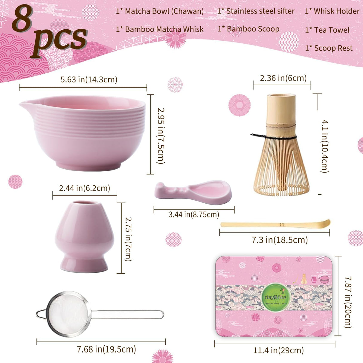 Clay&Fire Matcha Whisk Set, Ceramic Matcha Set, Matcha Bowl with Spout and Whisk, 8 pcs Matcha Tea Kit for Matcha Lovers, Ideal Gift Christmas, Birthday (Pink)