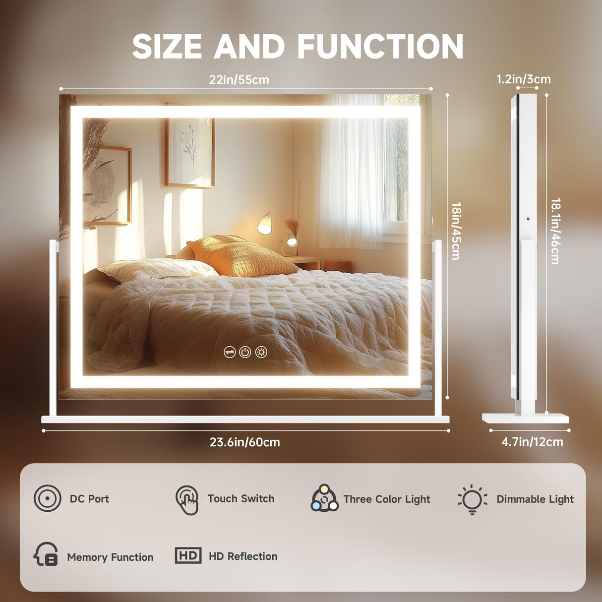 Hasipu Vanity Mirror with Lights, 23.6" x 18.1" LED Makeup Mirror, Light up Mirror with Smart Touch 3 Colors Dimmable, Brightness Adjustment, 360ยฐ Rotation (White)