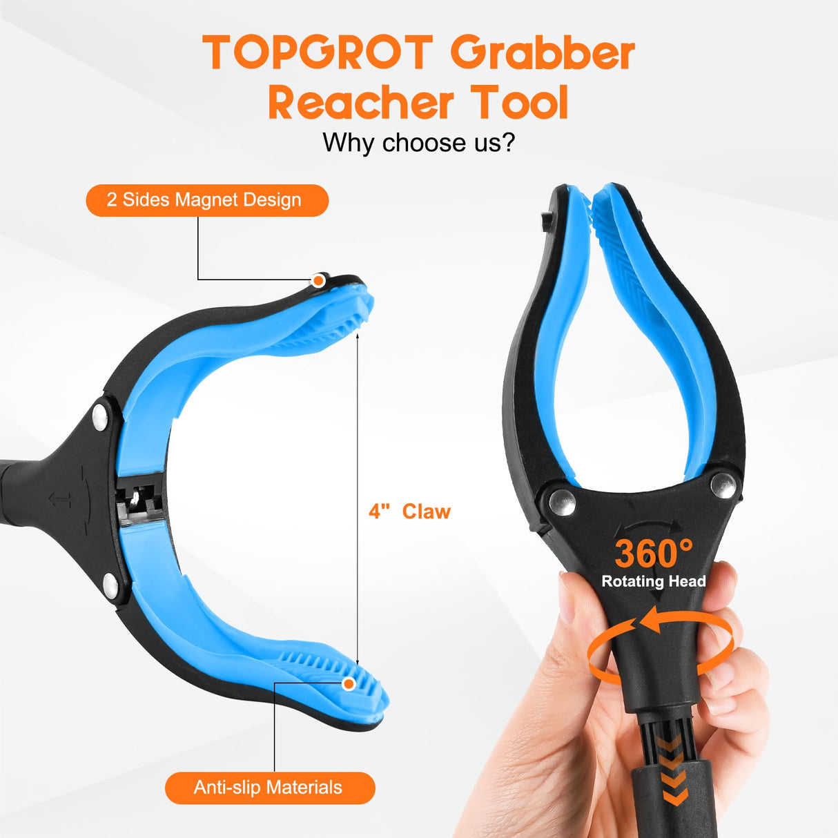 TOPGROT 2-Pack Grabber Reacher Tool, 34" Foldable Reacher Grabber Pickup Tool with 360° Anti-Slip Rotating Jaw & Magnets, 4" Wide Claw Opening Reachers for Seniors, Trash Picker Tool
