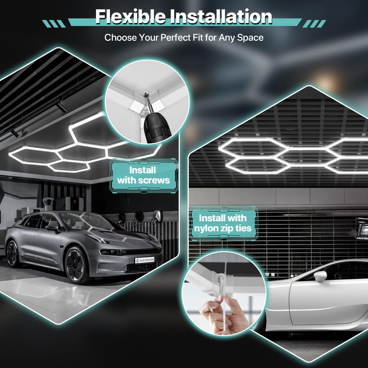 Litezone Hexagon Garage Lights, 14 Grids LED Garage Hexagon Lights with Rectangle Frame, 6500K Super Bright Honeycomb Lights for Garage, Warehouse, Car Detailing Shop, Exhibition Hall, Gym