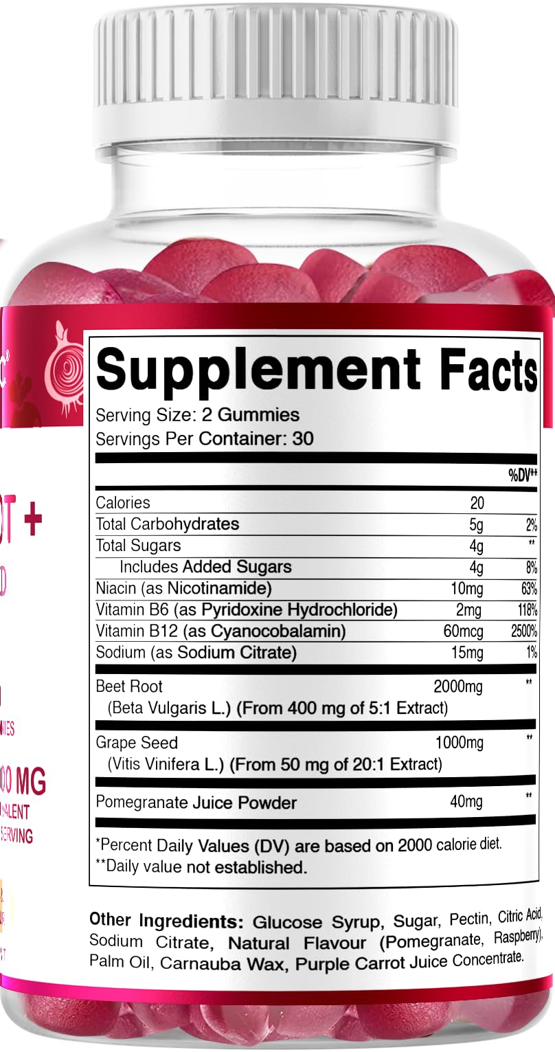 Vitamatic Beet Root Gummies - 3000mg Equivalent Per Serving - 60 Gummies - Made with Vitamin B6, B12, Grape Seed, Pomegranate & Nicotinamide (Pack of 2)