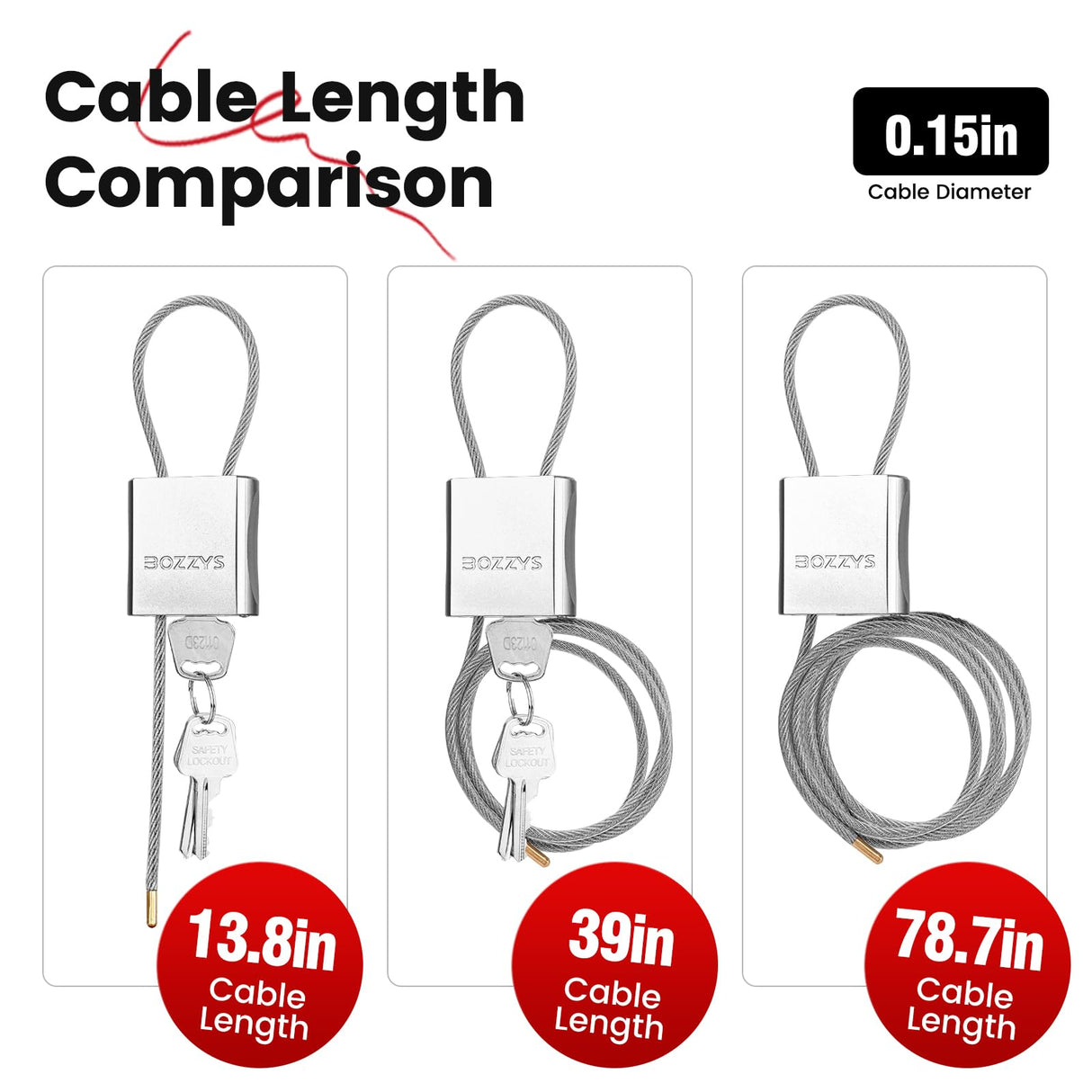 BOZZYS Cable Lock with 3 Keys | L 3.28ft(1m),D 1/6in(4mm) Adjustable Steel Cable Padlock | Aluminum Locks for Bikes, Gate, Lockers & Outdoor Gear | Weatherproof& Silver