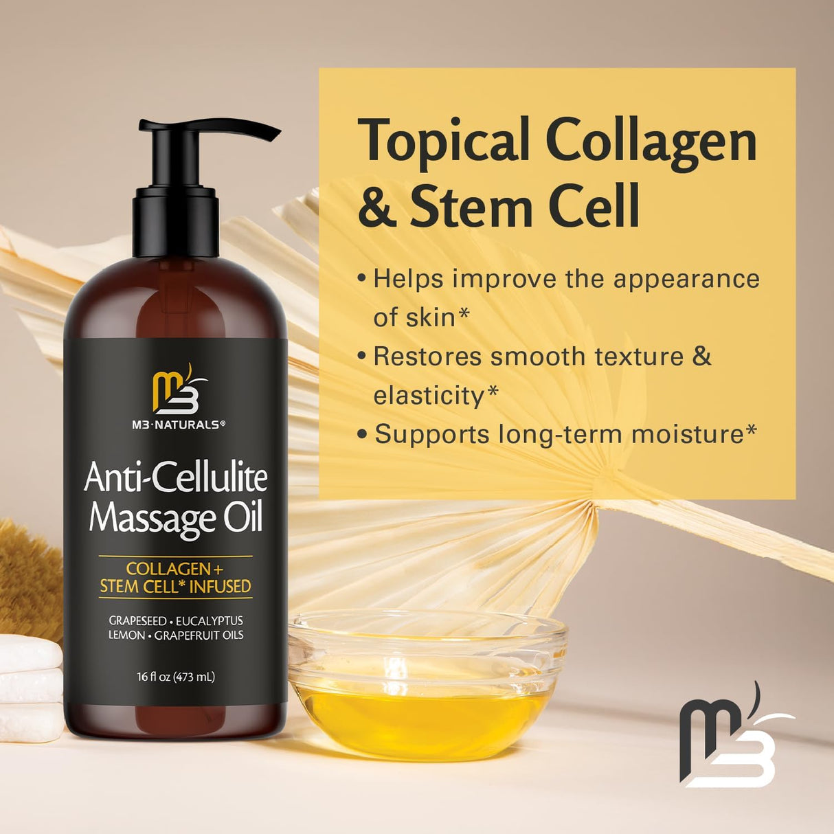 M3 Naturals Firming Body Massage Oil with Collagen & Stem Cell – Helps Smooth The Appearance of Cellulite & Improve Skin Texture – Refreshing Aromatherapy Body Oil for Legs & Full Body – 16 Fl Oz
