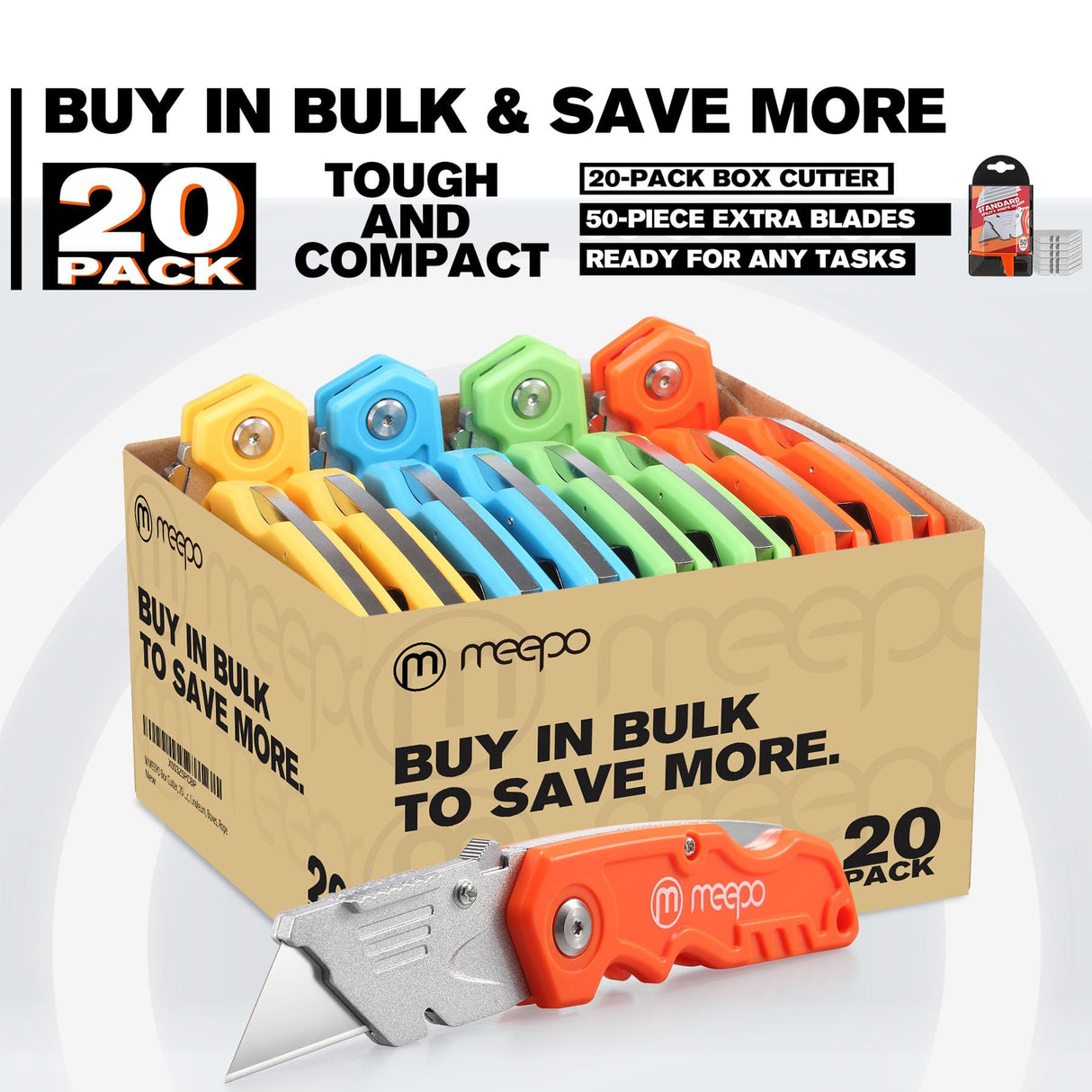 M MEEPO Box Cutter, 20-Pack Tough Folding Box Cutter Bulk for Heavy Duty Purpose, Razor Sharp Utility Knife Bulk, with Extra 50-Piece Blades, Can cut Drywall, Sheet Plastic, Linoleum, Boxes, Rope