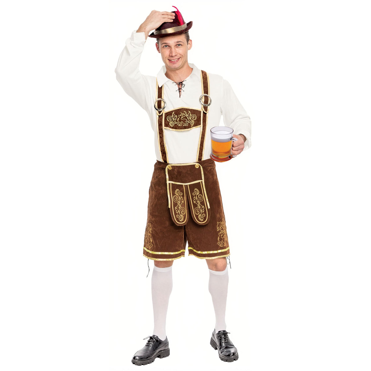 Spooktacular Creations Halloween Men Oktoberfest Costume Set, Lederhosen Men with German Bavarian Hat, Beer Costume, Adults Halloween Brown Outfit for Beer Festival Party (Large)