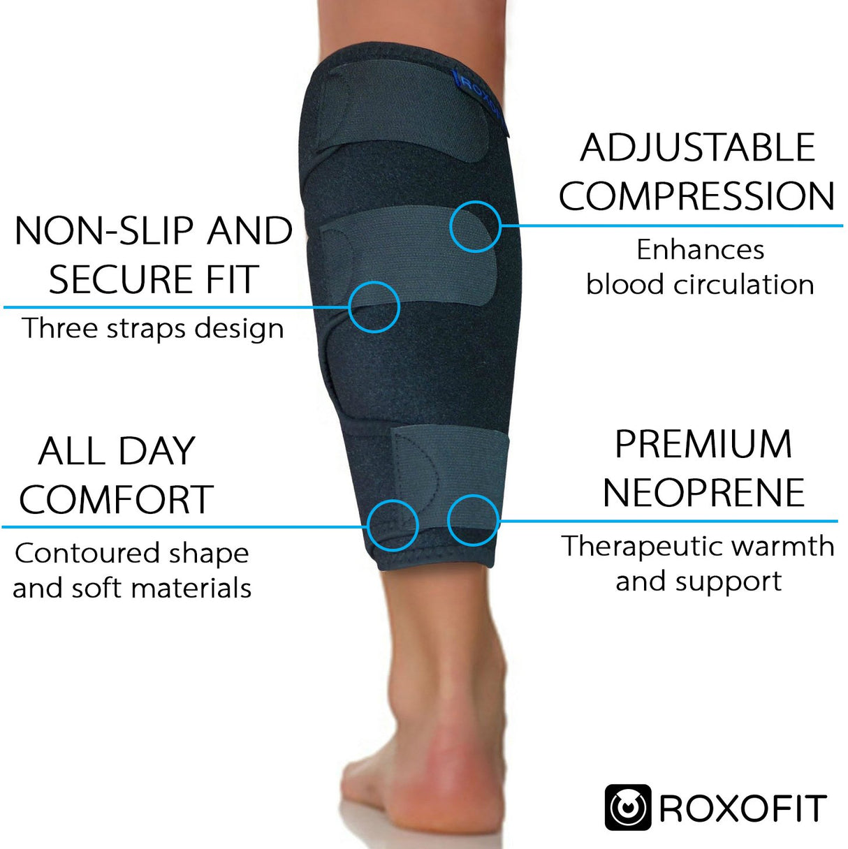 ROXOFIT Torn Calf Muscle Brace Strain Wrap for Calf Tear, Shin Splint Pain Relief - Adjustable Tibia Neoprene Support Compression Sleeve for Men and Women