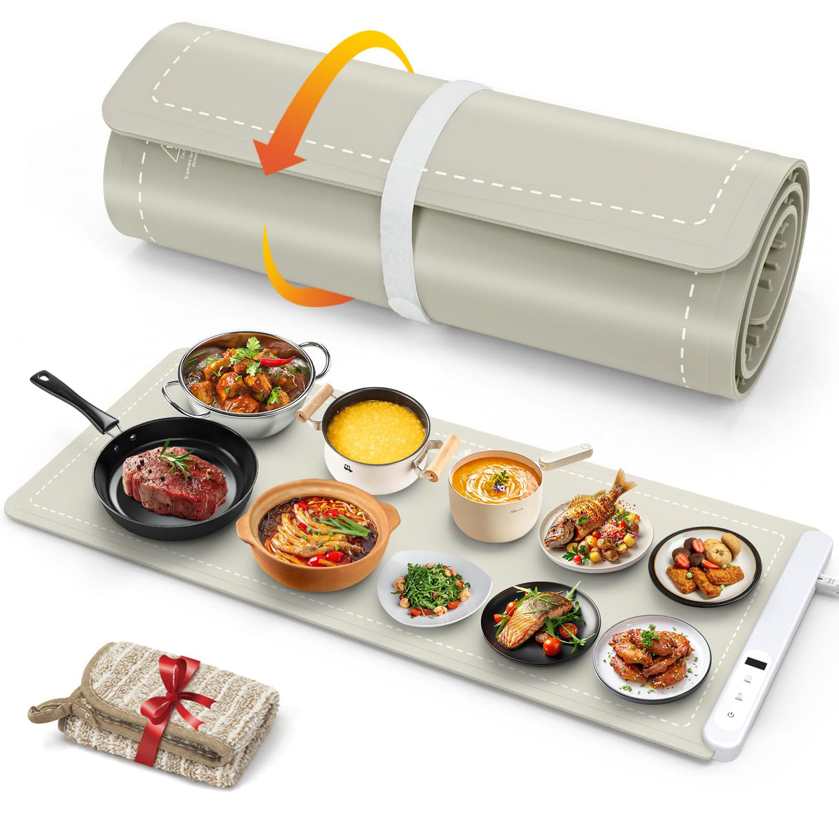 FYY Extra Large Warming Mat for Food - Rapid and Full Surface Heating, 6 Temp Settings, 6H Timer, Rollable Portable Food Warming Mat for Gatherings, Parties, Keep Meal Warm (XX Large Size, Khaki)