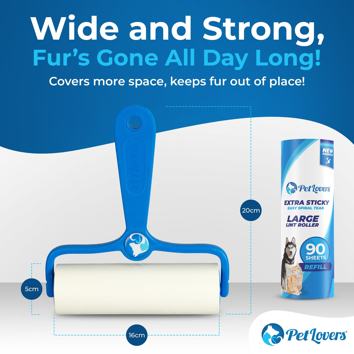 PetLovers 6.3" Large Lint Roller for Pet Hair Extra Sticky 270 Sheets, Ideal for Pet Hair Removal from Furniture & Clothes, Dog and Cat Lint Remover 3 Pack