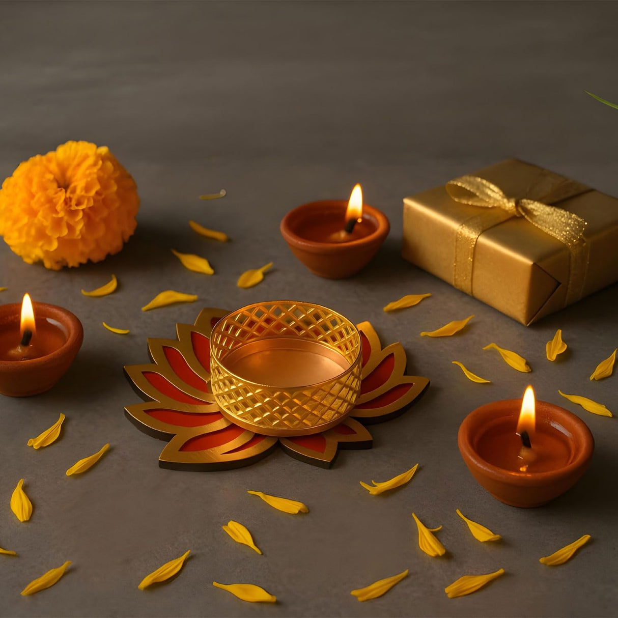 exciting Lives Lotus Tealight Holder Set of Six - Tealight Holder for Indian Decorations, Pooja Decorations for Home, Tealight Diya for Indian Puja, Diwali Decor, Diwali Gifts, Festive Gifts