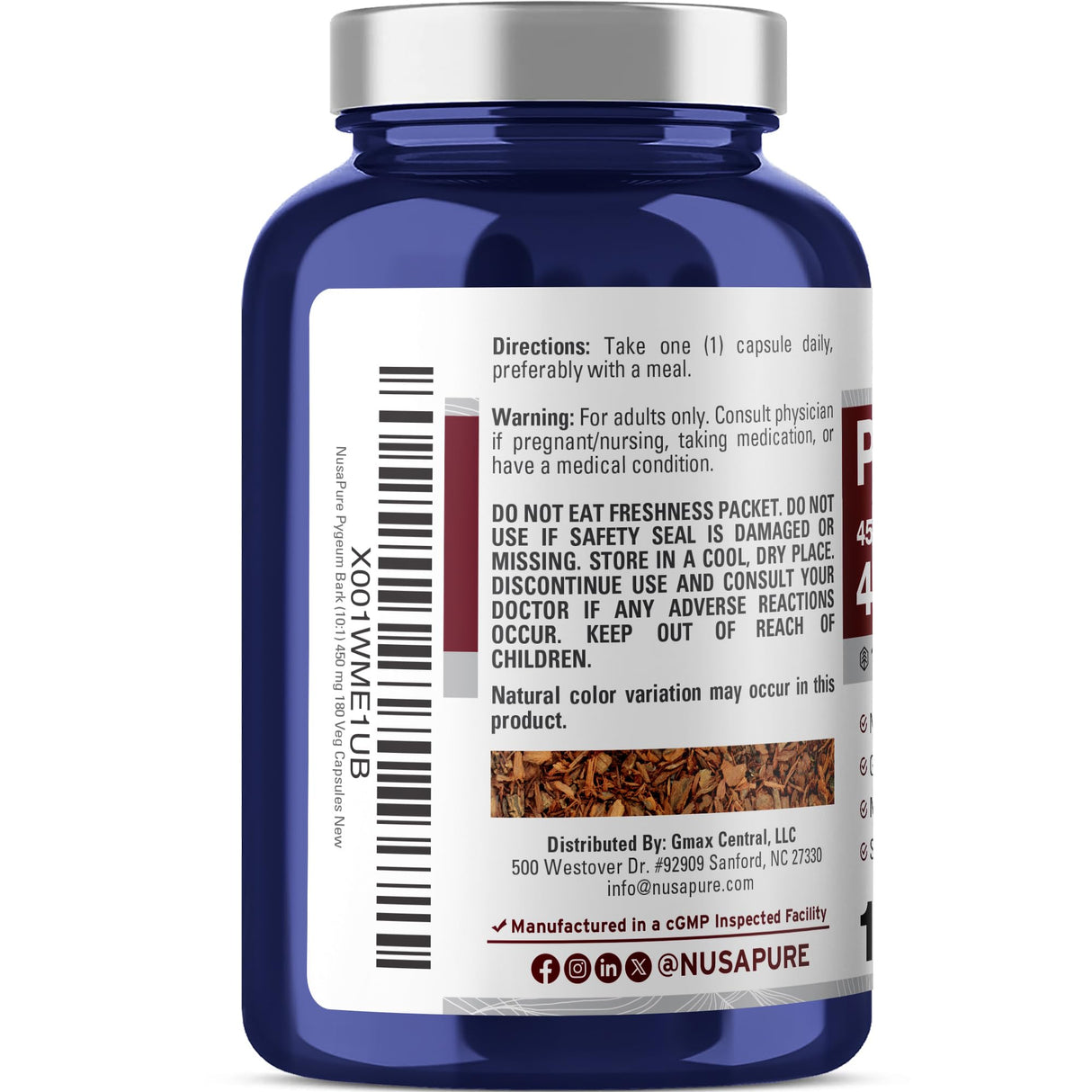 NusaPure Pygeum Bark 10:1 Extract, 450 mg Equivalent to 4,500mg 180 Veggie Caps (Non-GMO, Vegan)