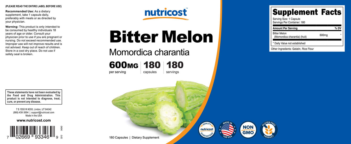 Nutricost Bitter Melon 600mg (2,400mg Equivalent), 180 Capsules - Gluten Free, Non-GMO