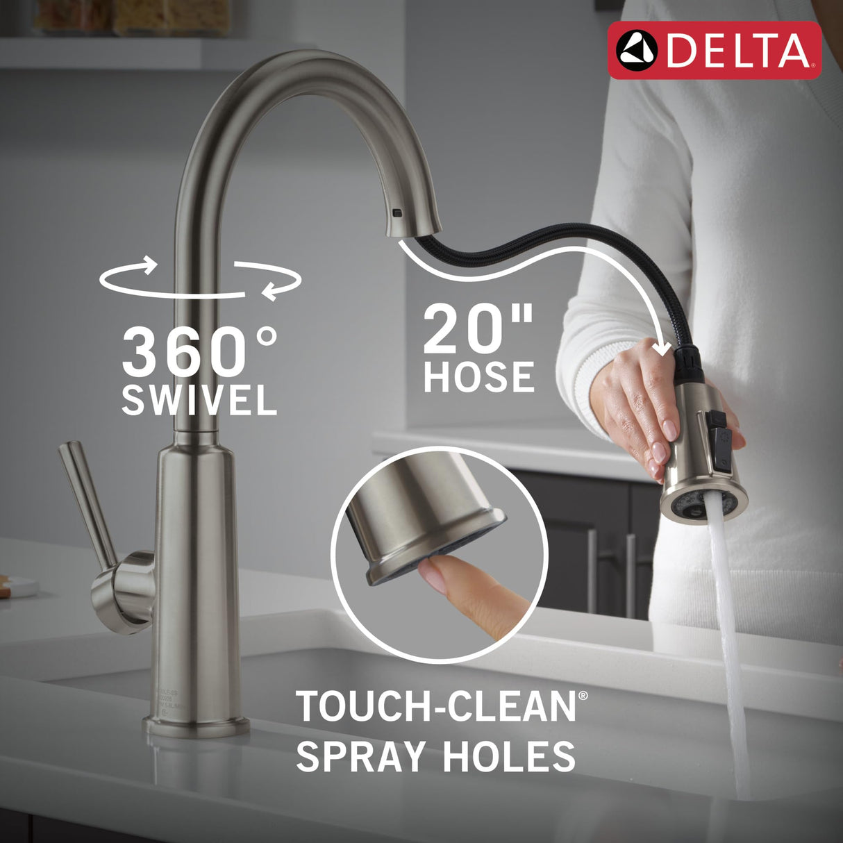 Delta Finnridge Brushed Nickel Kitchen Faucet with Pull Down Sprayer, High Pressure ProClean Spray Modern Single Hole Kitchen Sink Faucet, Stainless 19730LF-SS