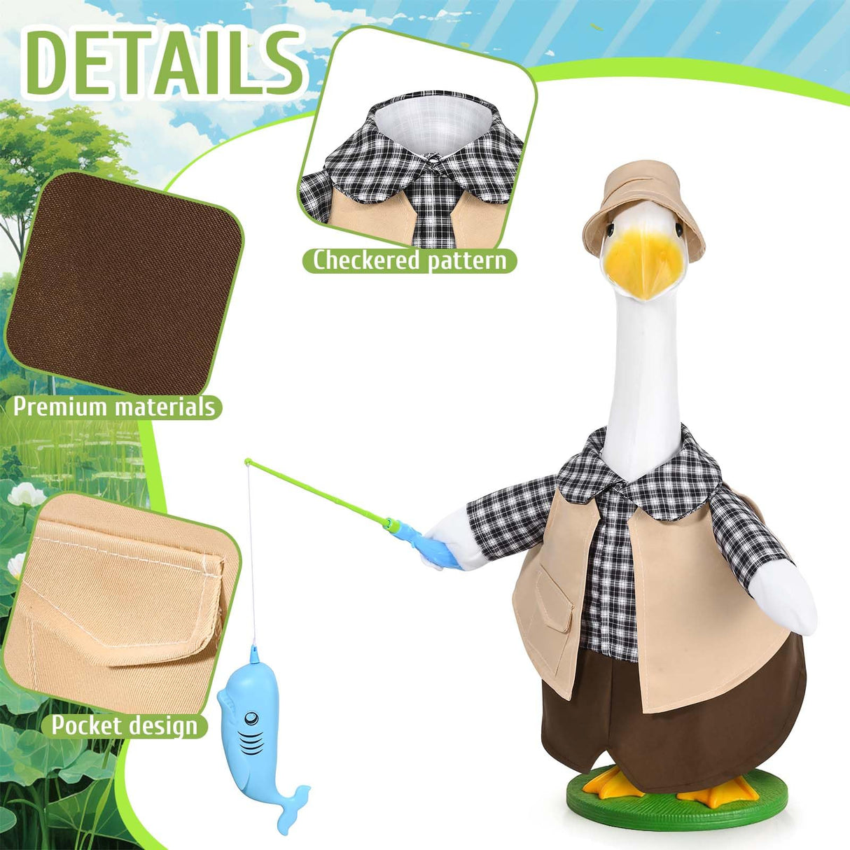 JcHrmers Fishing Porch Goose Outfits Fisherman Lawn Goose Clothes Fit 23" High Cement or Plastic Goose Statue for Outdoor Garden Yard Patio Decor