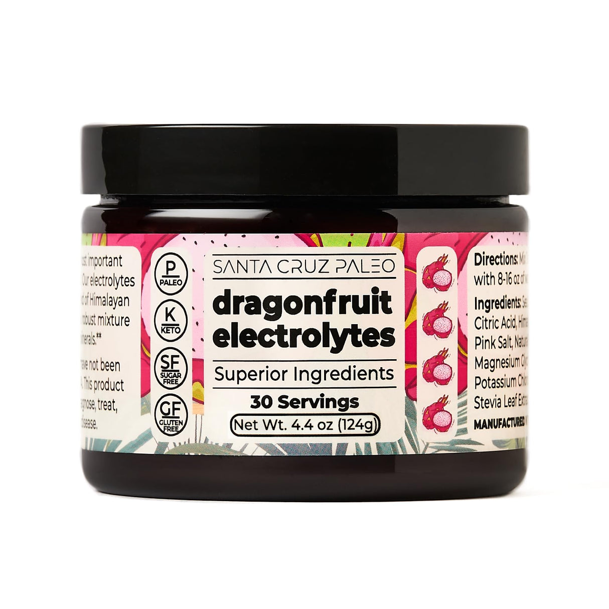 Santa Cruz Paleo Electrolyte Powder, Dragon Fruit Flavor, Sugar Free Hydration Drink Mix with Himalayan Pink Salt, Sea Salt, Magnesium Glycinate, Potassium Chloride, Sweetened with Stevia, 30 Servings