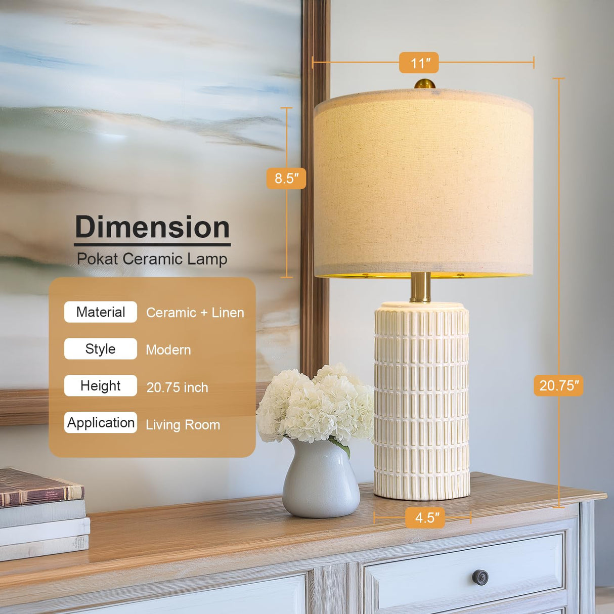 PoKat 20.75" Small Modern Ceramic Table Lamps Set of 2 for Bedroom, White Bedside Lamps for Night Stands, Farmhouse Desk Home Decor Gift Nightstand Table Lamps for Living Room End Table Beige
