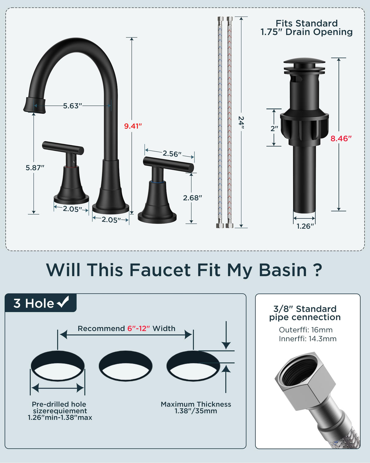 FORIOUS Black Bathroom Faucet 3 Hole Vanity, 2 Handle 360° Swivel Matte Black 8 Inch Widespread Bathroom Sink Faucet 3 Holes, with 360 Degree Rotating Spout, Pop-up Drain, Supply Lines