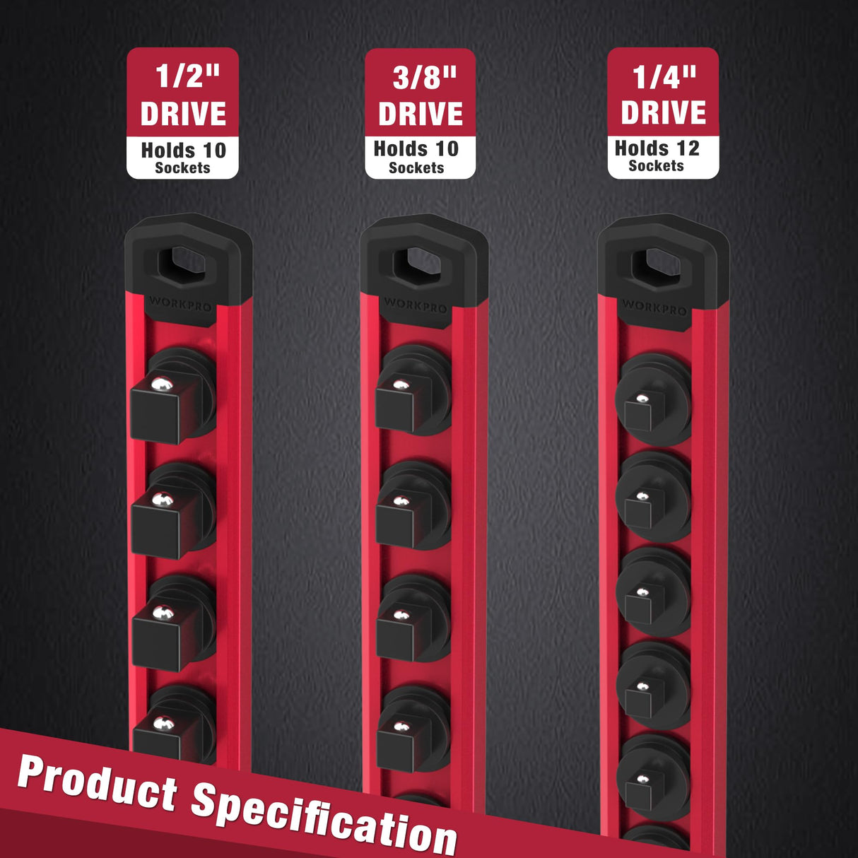 WORKPRO Magnetic Socket Organizer Set, 3-Piece Aluminum Alloy Socket Rail, Heavy Duty Socket Holder, Socket Rack Kit 1/4-Inch x 12 Clips, 3/8-Inch x 10 Clips, 1/2-Inch x 10 Clips (Red)