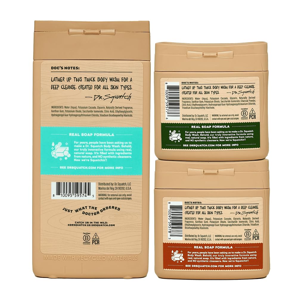 Dr. Squatch NEW Body Wash for Men with Nourishing, Natural Ingredients | No Paraben, Phthalate, Sulfate | Coconut Castaway (14 oz), Wood Barrel Bourbon & Pine Tar (8 oz, 2-Pack) & Body Scrubber