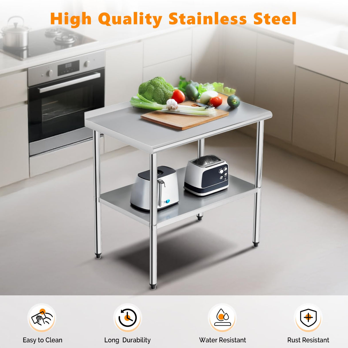 ROVSUN 36'' x 24'' Stainless Steel Table for Prep & Work,Commercial Worktables & Workstations, NSF Heavy Duty Metal Table with Adjustable UnderShelf & Backsplash for Kitchen, Restaurant,Home,Hotel