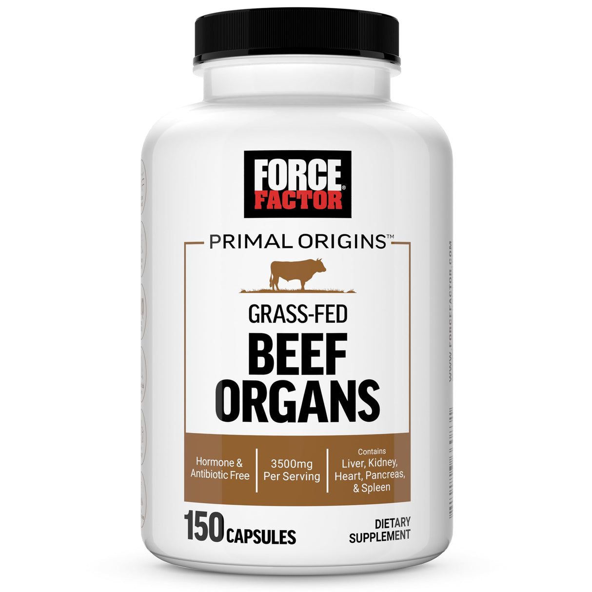 FORCE FACTOR Primal Origins Beef Organ Supplement Made with Pasture-Raised, Grass Fed & Including Beef Liver, Kidney, Heart, Pancreas, & Spleen, Hormone Free, Non-GMO, 150 Capsules