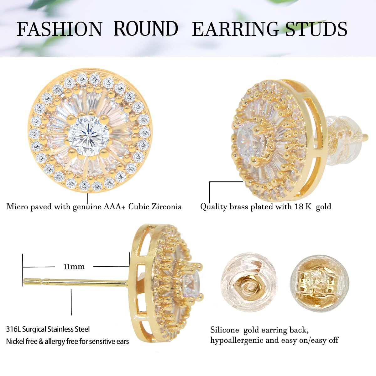 LuReen Earring Studs for Men Women Cubic Zirconia Earrings Set (2 Pairs)