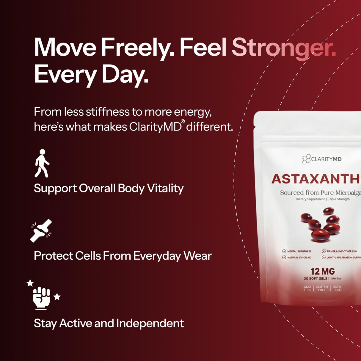 ClarityMD Astaxanthin 12mg Antioxidants Supplement – Natural Microalgae Source – Lipid-Based Softgel for Enhanced Absorption – Cognitive, Vision & Joint Support – 30 Softgels (Pack of 1)