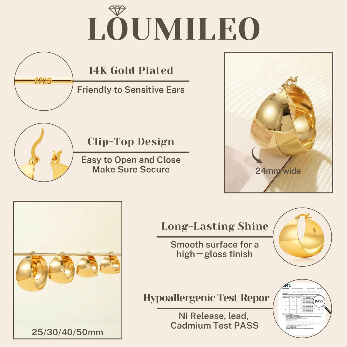 LOUMILEO 24MM Wide Thick Gold Hoop Earrings for Women Lightweight 30MM