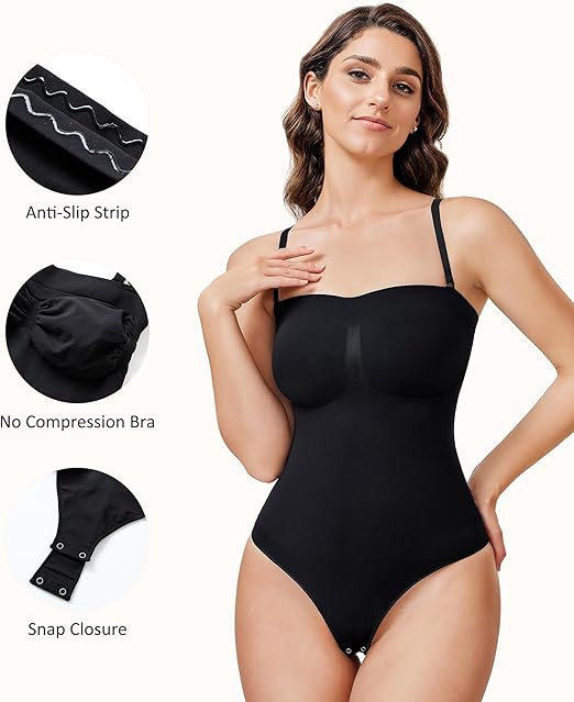 Strapless Thong Bodysuit for Women Seamless Tummy Control Shapewear Body Shaper -Removable Strap Tube Top Leotard