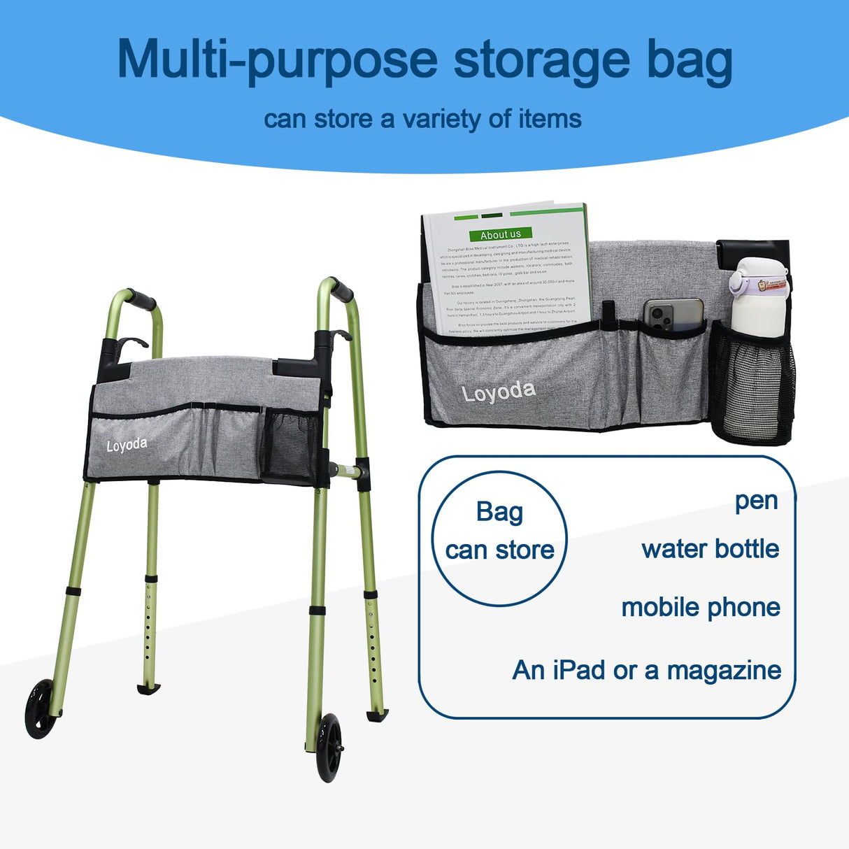 Loyoda Folding Walkers for Seniors,FSA/HSA Eligible Medical Walker with Storage Bag and Glide Skis 5'' Front Wheel Lightweight Walker Height Adjustable Aluminum Standard Walker for Disabled (Green)