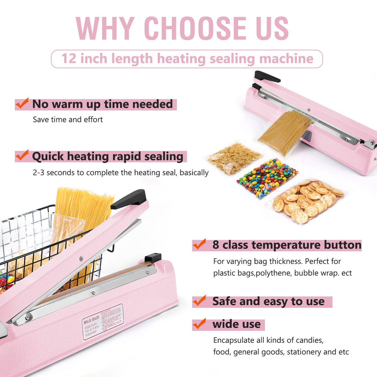 METRONIC Impulse Sealer 16 inch, Manual Heat Sealer Machine for Plastic Bags, Shrink Wrap Bag Sealers Heavy Duty Sealing Machine with Repair Kit (Pink)