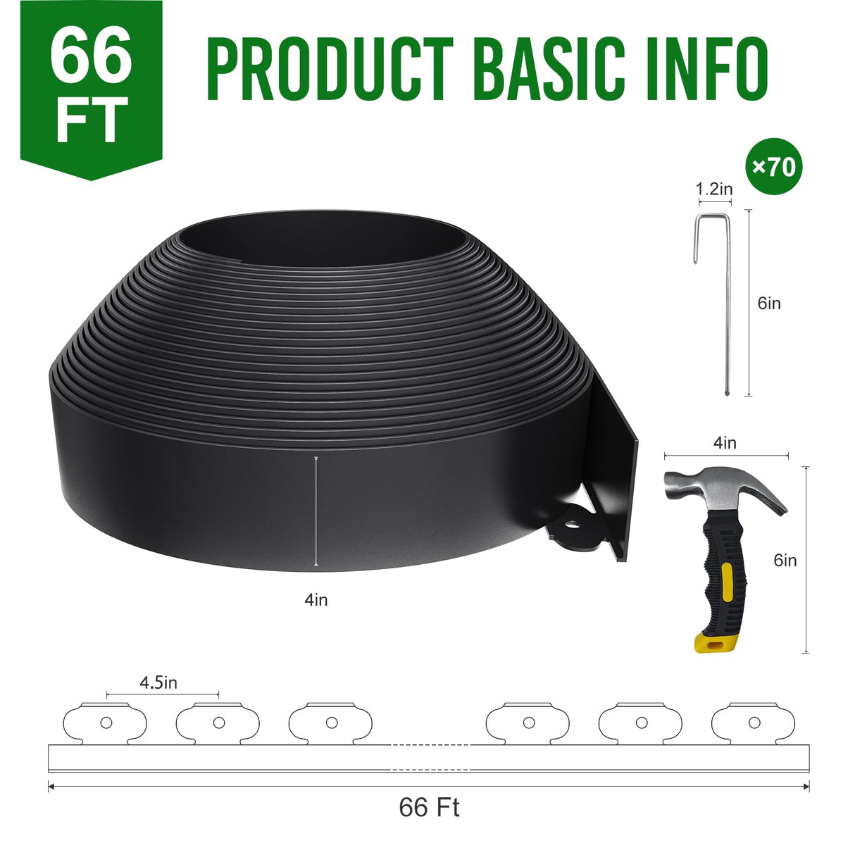 66FT Landscape Edging 4 in Tall with 70 Spikes, Garden Edging Border and 1 Hammer, Plastic Landscape Edging Border Lawn Edging for Landscaping, Flower Beds, Yard
