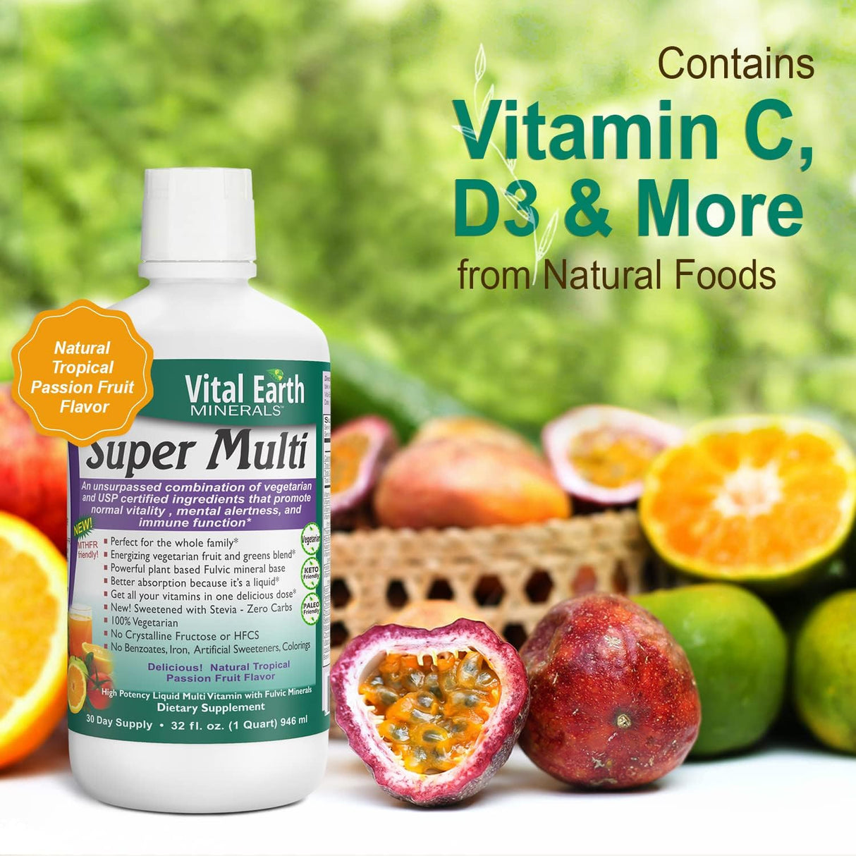 Vital Earth Minerals Super Multi – Liquid Multivitamins for Women, Men & Kids, Liquid Vitamins with Fulvic Acid for Better Absorption, MTHFR Support, 32 Oz + 1 Oz Cup