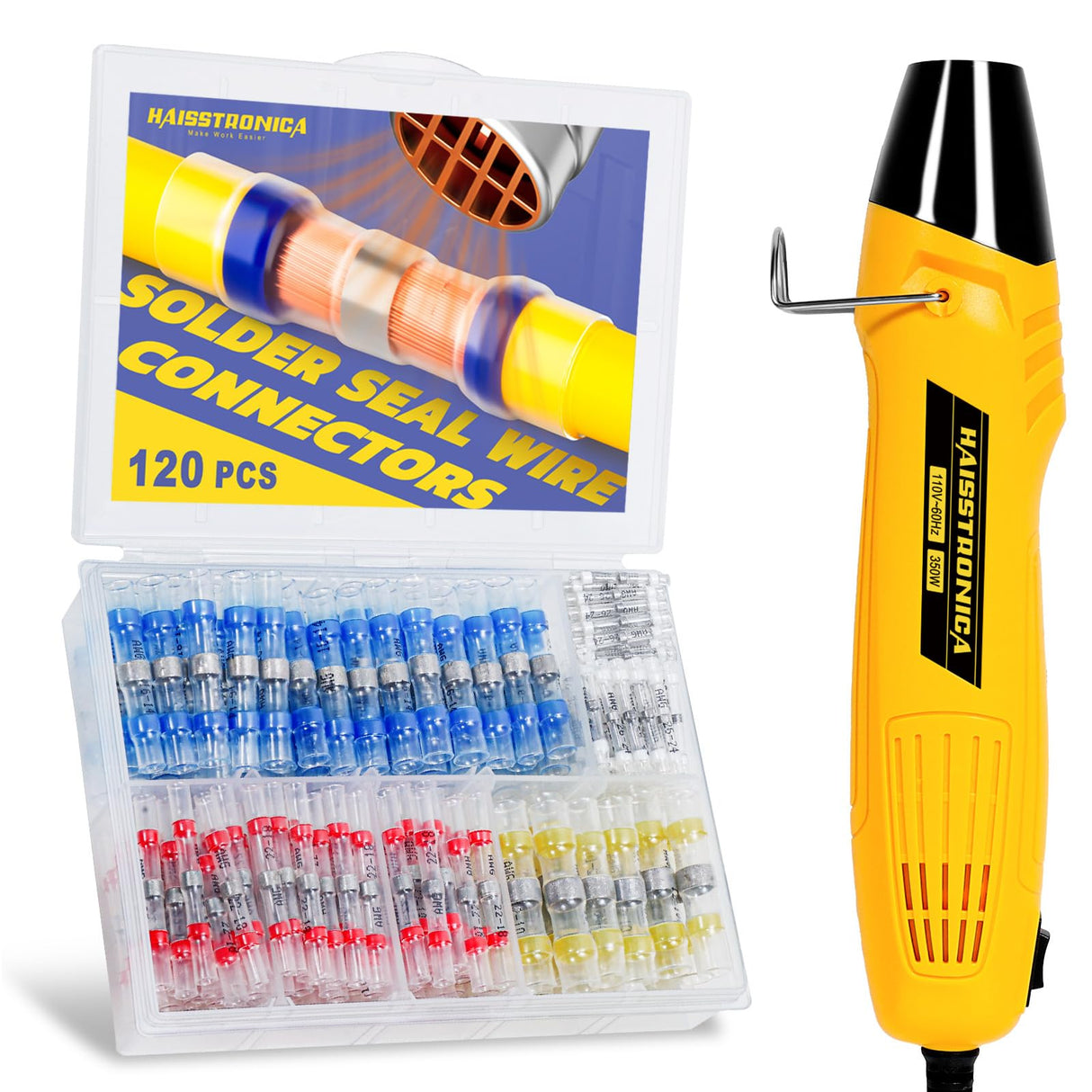 haisstronica 120 PCS Solder Seal Wire Connectors with Mini Heat Gun Kit, Waterproof Heat Shrink Wire Connectors, 10-26 AWG Solder Stick Wire Connectors for Automotive, Marine & Wiring Repair