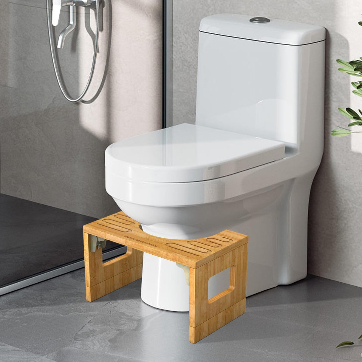 KingPavonini Bamboo Toilet Stool Squat 7in & 9in Adjustable Heights, Foldable Potty Stool for Adults with Non-Slip Layer to Improve Bathroom Posture and Comfort, 400 lbs Capacity