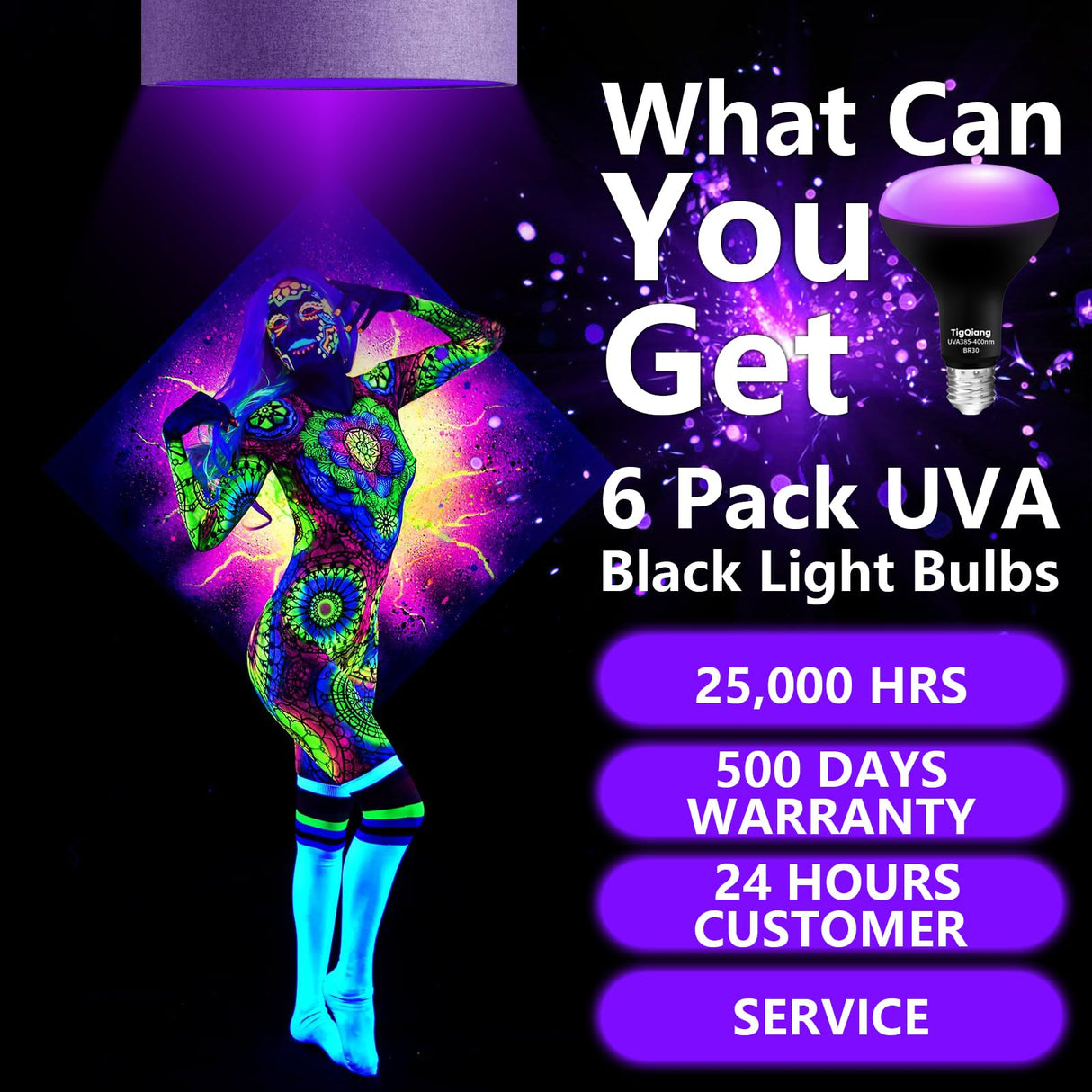 TigQiang 6 Pack Black Light Bulbs, Blacklight Bulb 120W Equivalent, E26 BR30 LED Black Light Bulb 385-400nm for Halloween Christmas Decorations, Body Paint, Glow in The Dark Party, Fluorescent Poster