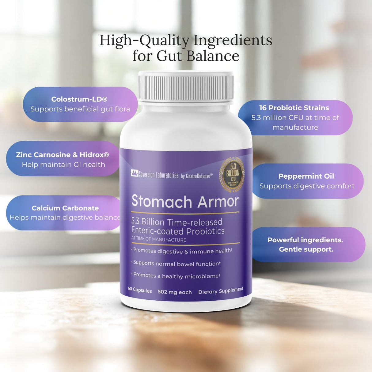 GastroDefense Stomach Armor - Shelf Stable Pre and Probiotic - Liposomal Colostrum-LD Enhanced. Beneficial Stains Colonize and Promote Gut Health, Designed for Adult Women and Men