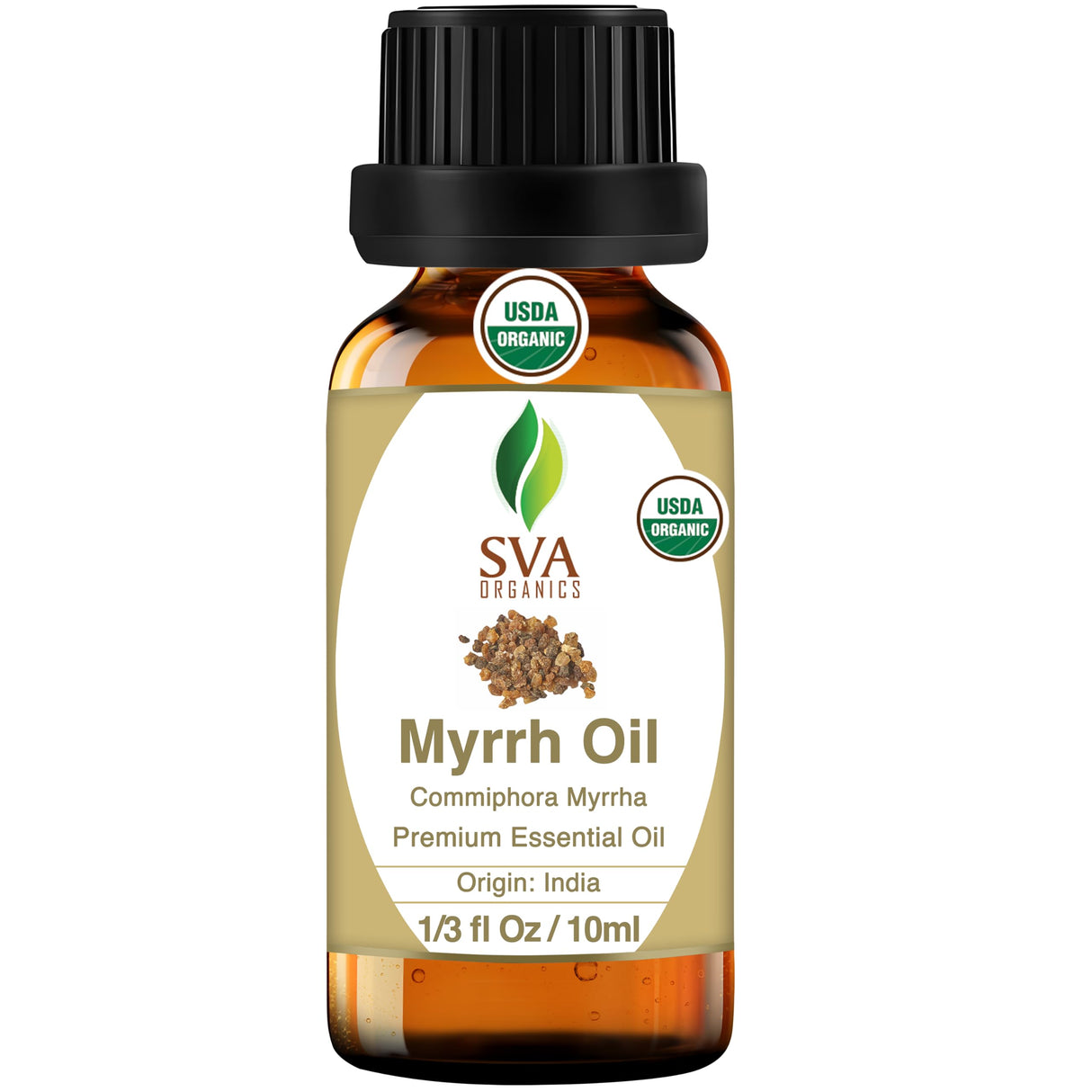 SVA Myrrh Essential Oil Organic – 1/3 Fl Oz – 100% Natural Organic Myrrh Oil - for Diffuser, Hair Care, Face, Skin Care, Aromatherapy, Scalp and Body Massage, Soap and Candle Making
