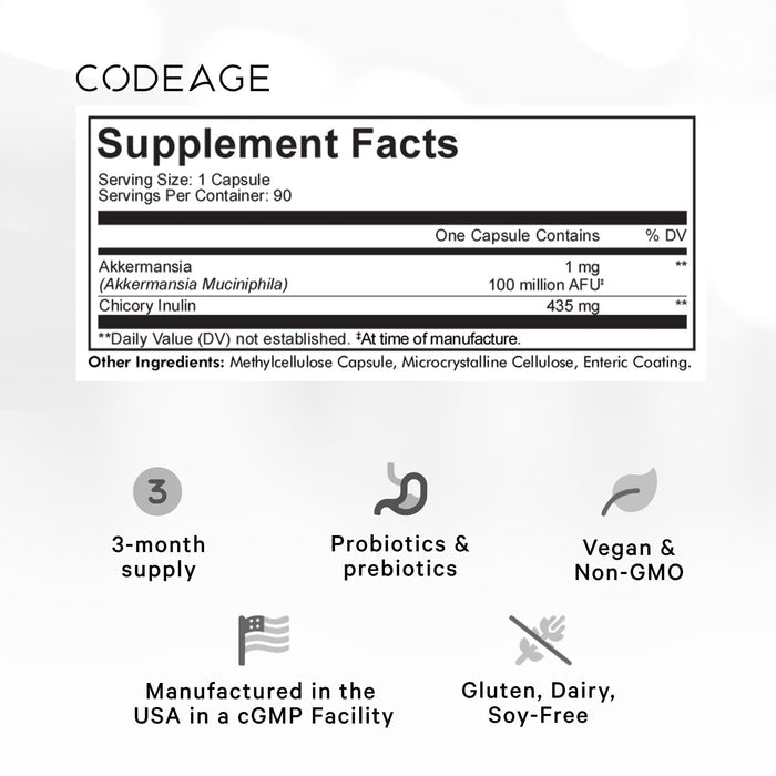 Codeage Akkermansia Muciniphila Probiotic Supplement - 3-Month Supply of Akkermansia Probiotic & Chicory Inulin - Daily Synbiotic Probiotic Chicory Root - 100 Million AFUs - Gluten-Free - 90 Capsules