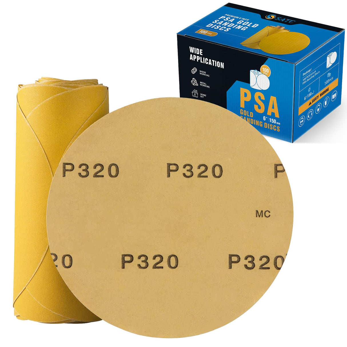 S SATC Premium Gold Sandpaper 6 Inch 100 PCS Sanding Discs 320 Grit Self Adhesive Stickyback Sandpaper Roll Aluminum Oxide PSA Sandpaper Discs for Wood, Metal, and Car Paint
