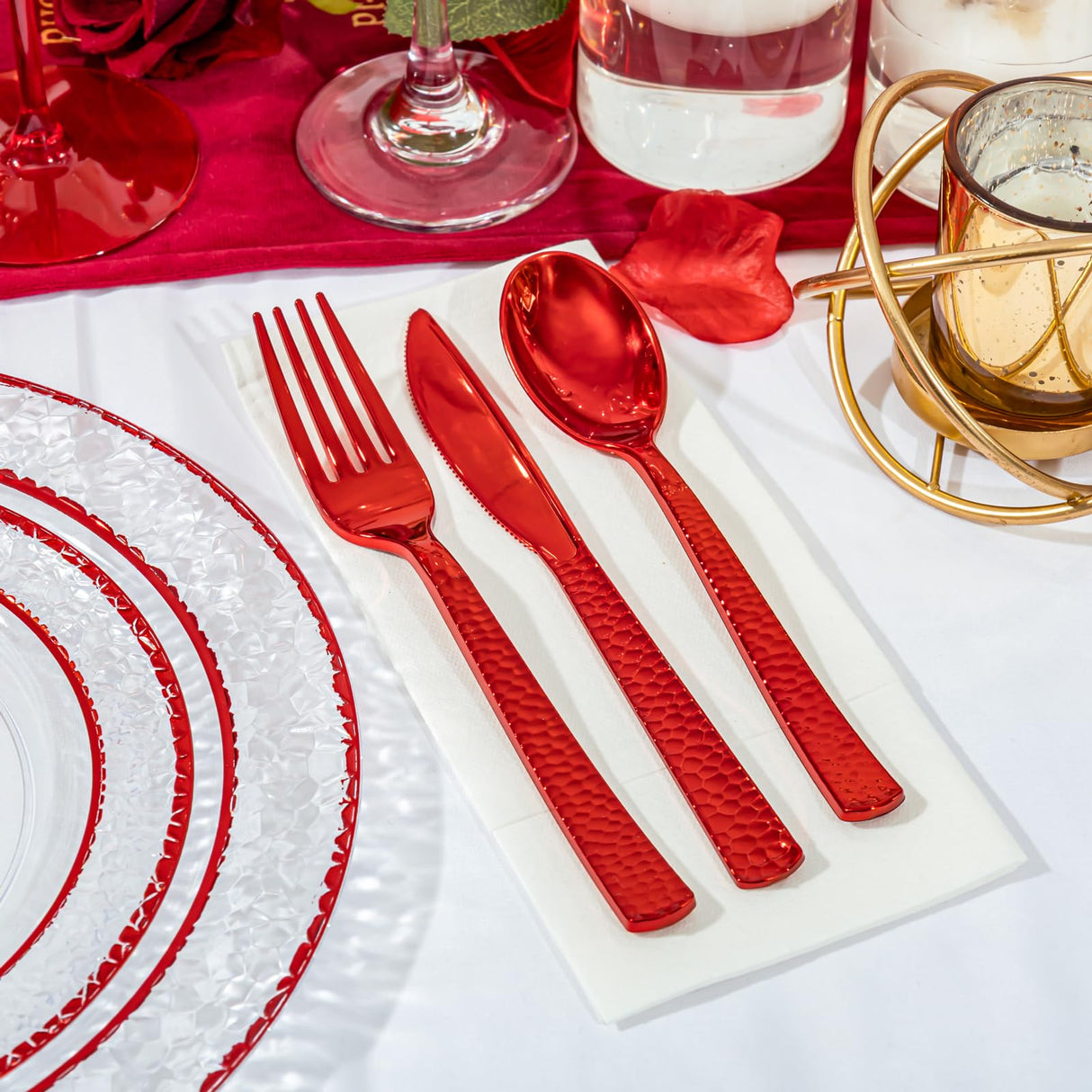 Ciaell 350 PCS Clear and Red Plastic Plates – Red Dinnerware Set for 50 Guests Include 100 Plastic Plates, 50 Pre Rolled Napkins with Cutlery Set, 50 Cups for Wedding & Party & Anniversary & Christmas