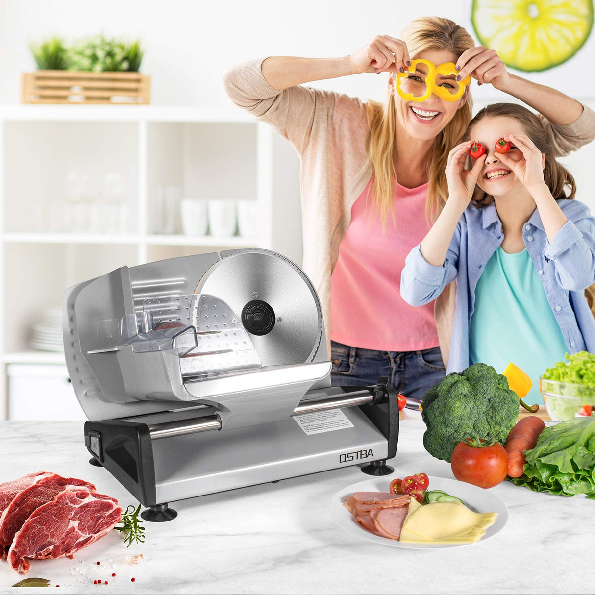 OSTBA Meat Slicer Electric Deli Food Slicer with Child Lock Protection, Removable 7.5’’ Stainless Steel Blade and Food Carriage, Adjustable Thickness Food Slicer Machine for Meat, Cheese, Bread(150W)