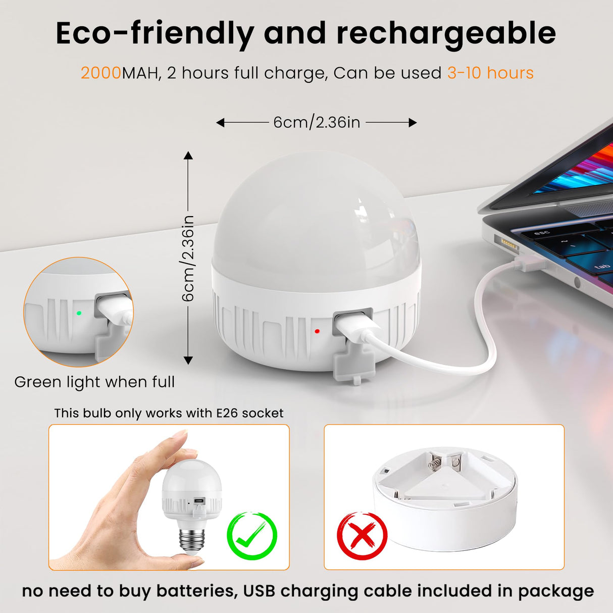 SCOPOW 2Packs E26 Rechargeable Light Bulbs with Remote Control, 5W 350lm Magnetically Battery Operated Light Bulbs 2000mAh, 3 Color Temperature, Timer, Dimmer for Non-Hardwired Lamp
